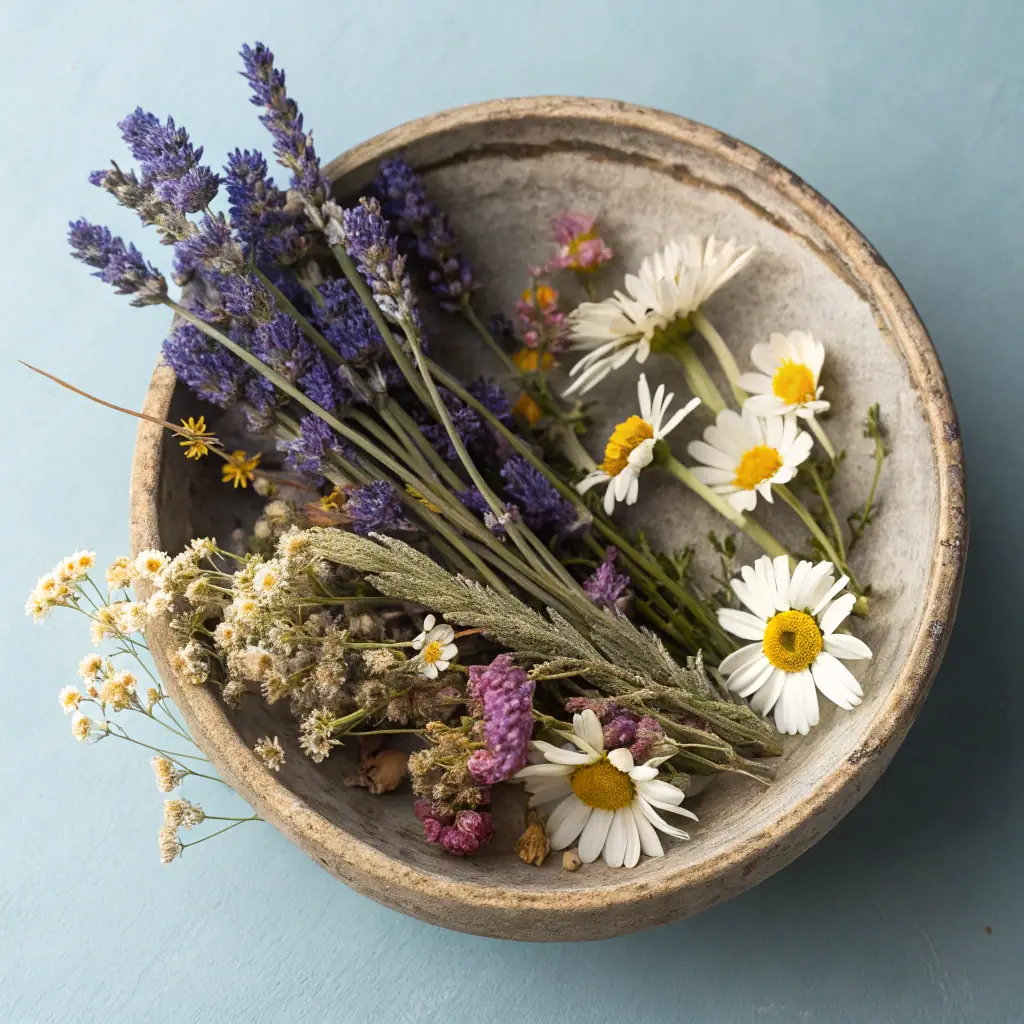 A close-up shot of various dried herbs and flowers, such as chamomile, lavender, and calendula, arranged artfully on a wooden surface, with soft, natural lighting.